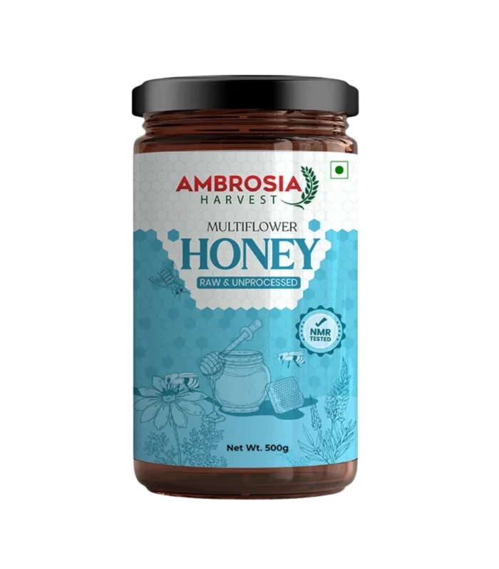 Ambrosia Harvest Pure Multiflora Honey 500gm Glass Bottle, HRMS & NMR Tested, Raw Natural Honey with No Sugar Adulteration, Unheated & Unprocessed, Curing Cough & Cold