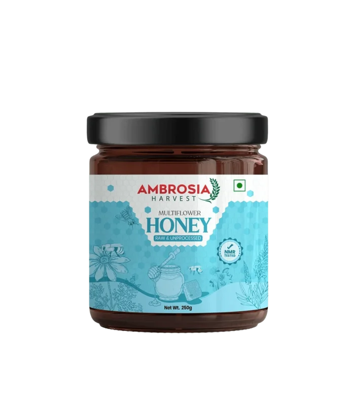 Ambrosia Harvest Pure Multiflora Honey 250gm Glass Bottle, HRMS & NMR Tested, Raw Natural Honey with No Sugar Adulteration, Unheated & Unprocessed Shahad, Curing Cough & Cold