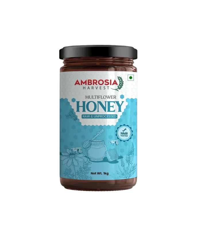 Ambrosia Harvest Pure Multiflora Honey 1Kg Glass Bottle, HRMS & NMR Tested, Raw Natural Honey with No Sugar Adulteration, Unheated & Unprocessed Shahad, Curing Cough & Cold
