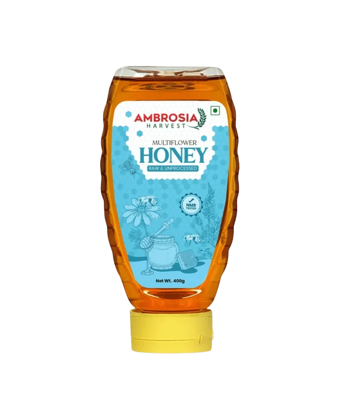 Ambrosia Harvest Pure Multiflora Honey 400gm Squeezy Bottle, HRMS & NMR Tested, Raw Natural Honey with No Sugar Adulteration, Unheated & Unprocessed Shahad, Curing Cough & Cold